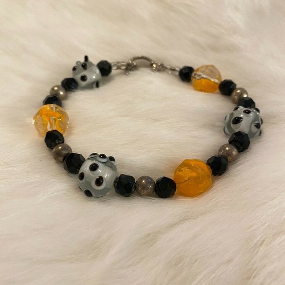 BLack Orange Polka Dot Bead Bracelet Silver Tone Metal Toggle Clasp 6203 - Picture 4 of 8